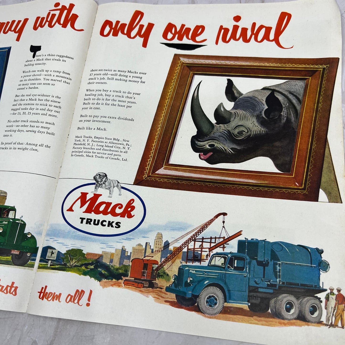 Mack Trucks Bulldog Rhinoceros 2 Page Fold Out Ad 1951 Magazine Ad FL6-10