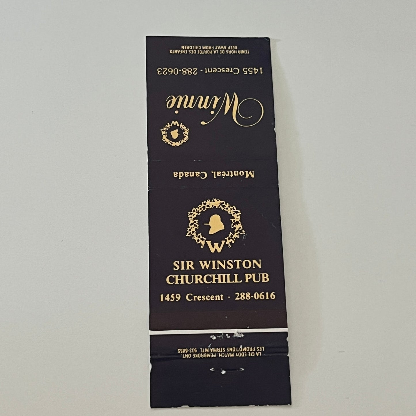 Sir Winston Churchill Pub, Galerie Winnie Montreal Vintage Matchbook MM5-9