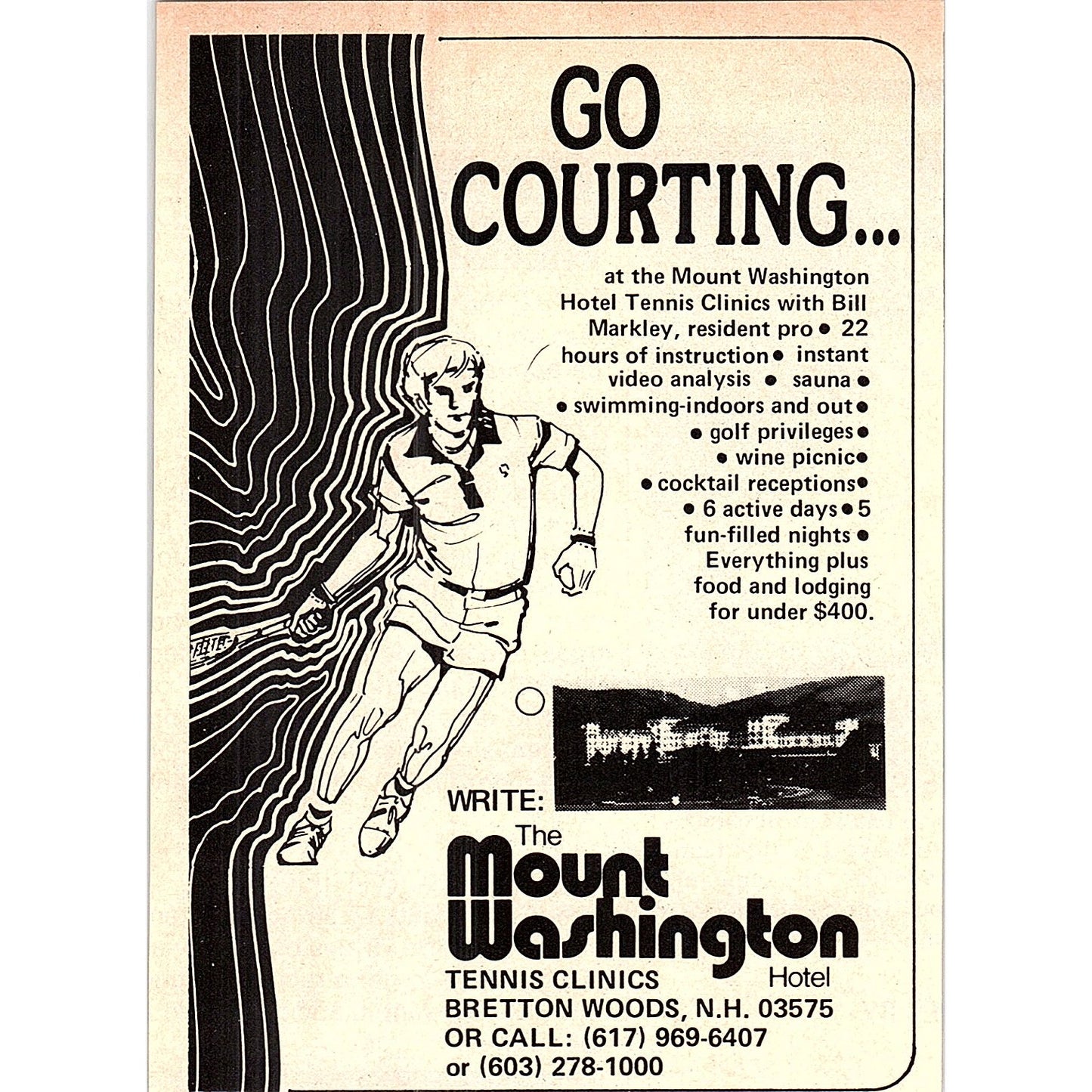 Bill Markley Mount Washington Tennis Clinics Bretton Woods NH 1977 Ad AF3-M1