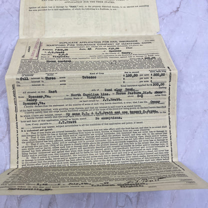 1927 Hartford Fire Ins Policy J.T. Pratt Spencer Virginia TG8-VV