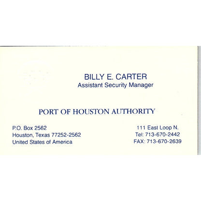 Billy E Carter Port of Houston Authority Houston TX Vintage Business Card SC9-B1