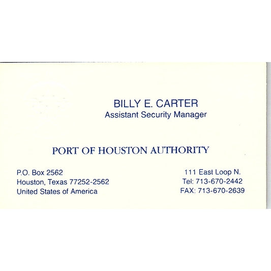Billy E Carter Port of Houston Authority Houston TX Vintage Business Card SC9-B1