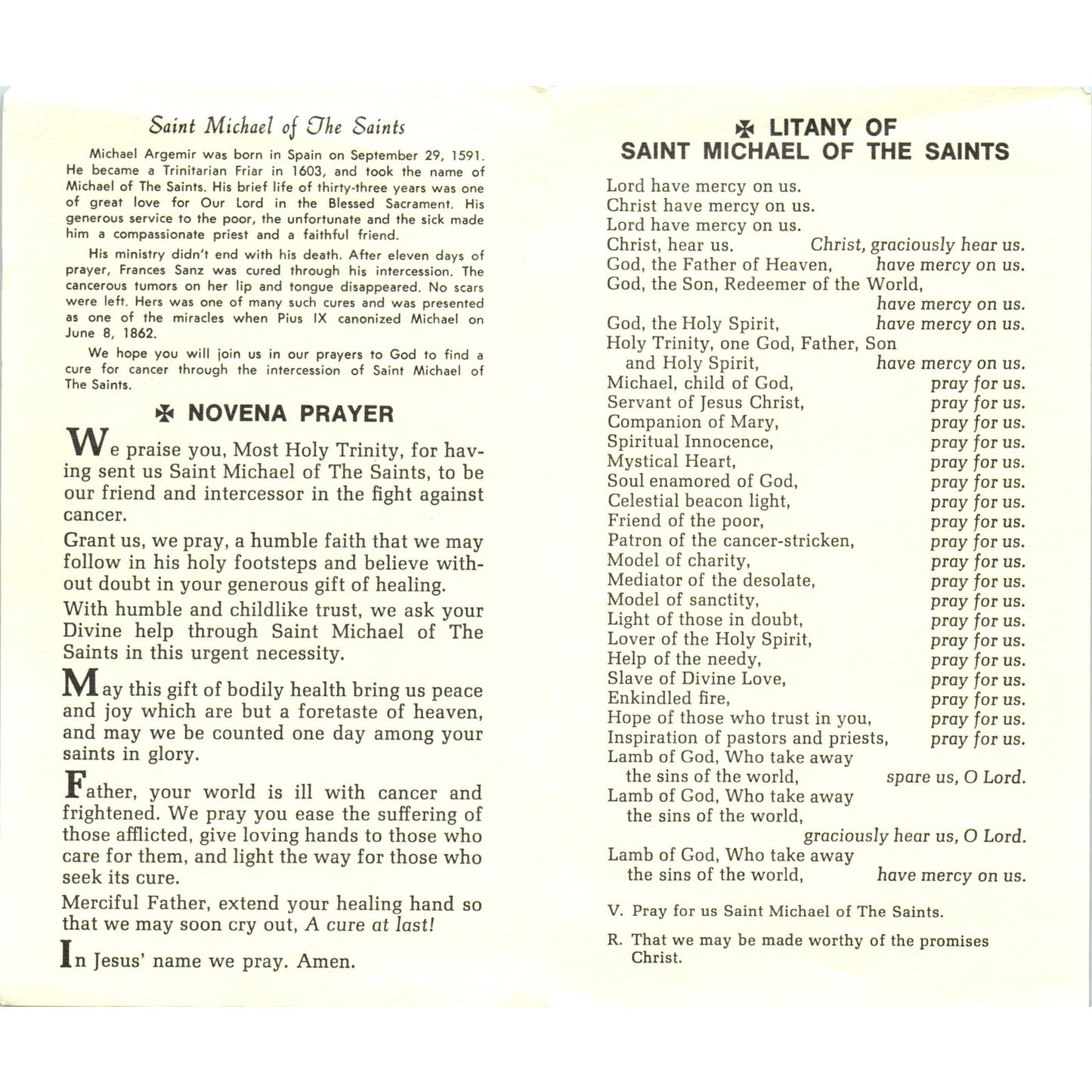 St. Michael Trinitarian Mystic & Cancer Patron Vintage Prayer Leaflet TH2-PC2