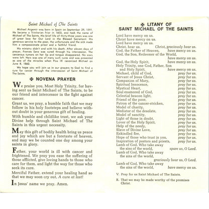 St. Michael Trinitarian Mystic & Cancer Patron Vintage Prayer Leaflet TH2-PC2