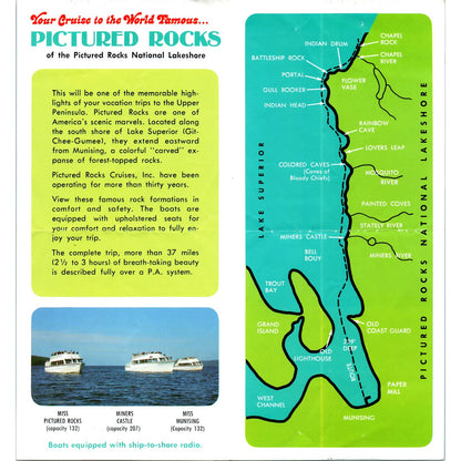 Vintage Pictured Rocks Boat Cruises Munising MI Fold Out Travel Brochure TF4-B4