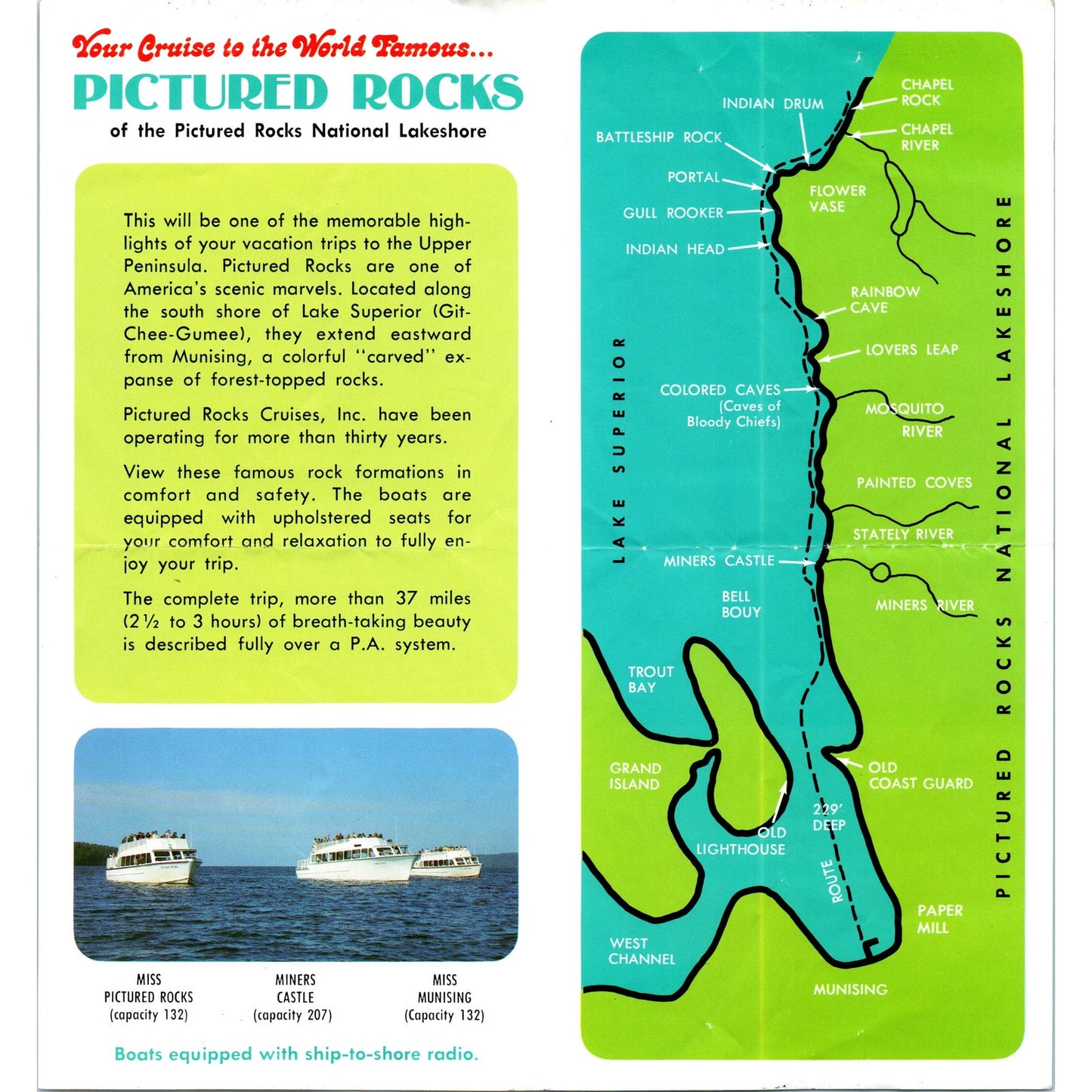 Vintage Pictured Rocks Boat Cruises Munising MI Fold Out Travel Brochure H5-5