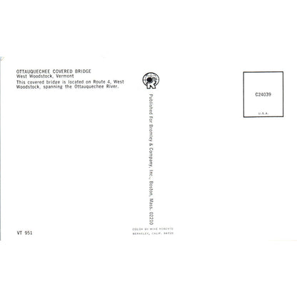 Ottauquechee Bridge West Woodstock VT Vintage Covered Bridge Postcard PD1