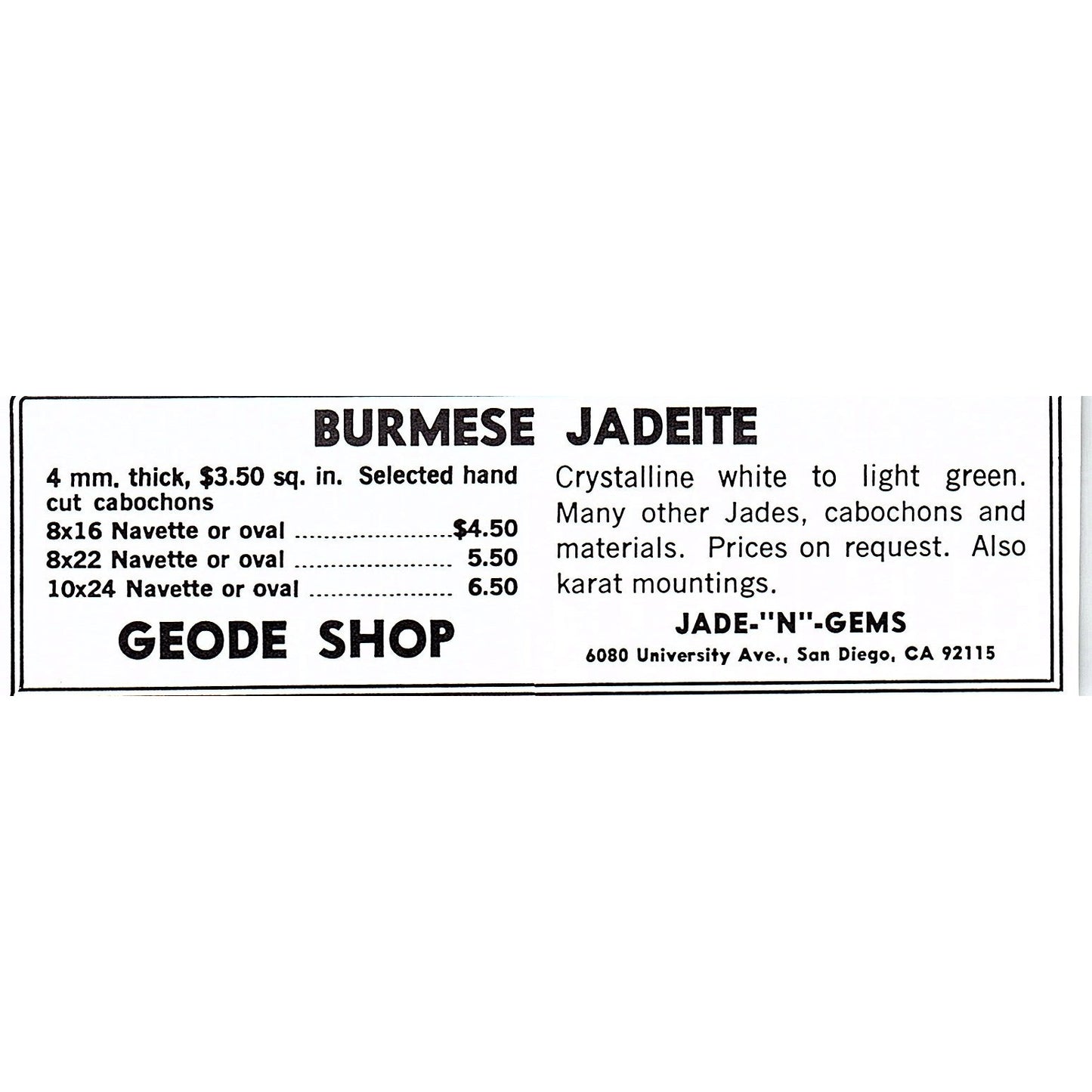 Jade-N-Gems Burmese Jadeite San Diego CA 1972 Ad AF8-M4
