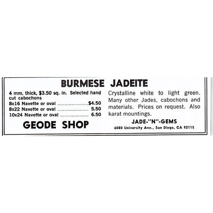 Jade-N-Gems Burmese Jadeite San Diego CA 1972 Ad AF8-M4