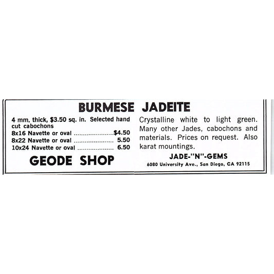 Jade-N-Gems Burmese Jadeite San Diego CA 1972 Ad AF8-M4