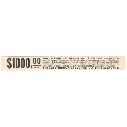 Esterbrook Steel Pen Co 1000 Dollar Prize Promotion 1892 Magazine Ad AB6-SM1