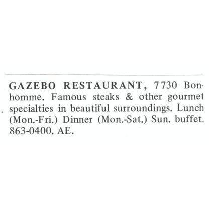Gazebo Restaurant Bonhomme St. Louis 1971 Magazine Ad AD8-O1
