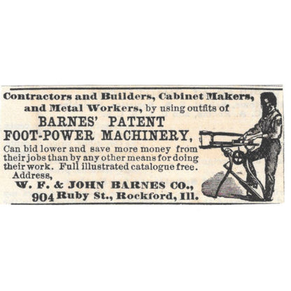 W.F. & John Barnes Co Foot Power Machinery Rockford c1890 Victorian Ad AE8-CH11