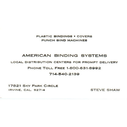 Steve Shaw American Binding Systems Irvine CA Vintage Business Card SE3-B3