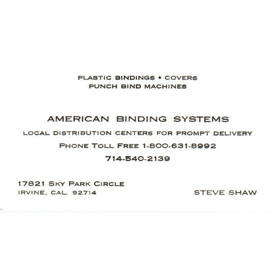 Steve Shaw American Binding Systems Irvine CA Vintage Business Card SE3-B3