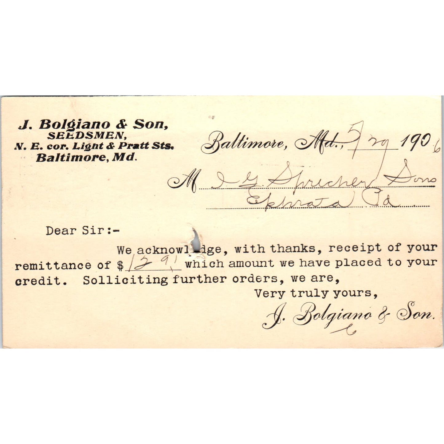 1906 John Bolgiano & Son Seedmen Baltimore MD Payment Receipt Postal Card AE8
