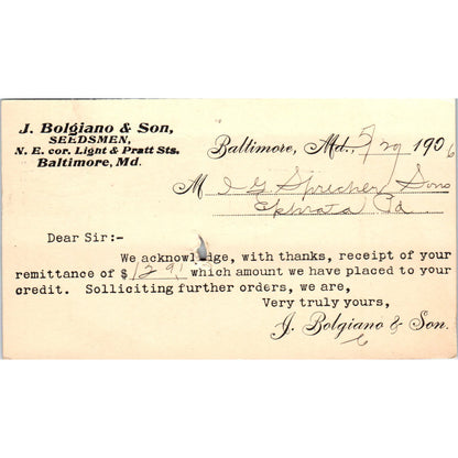 1906 John Bolgiano & Son Seedmen Baltimore MD Payment Receipt Postal Card AE8