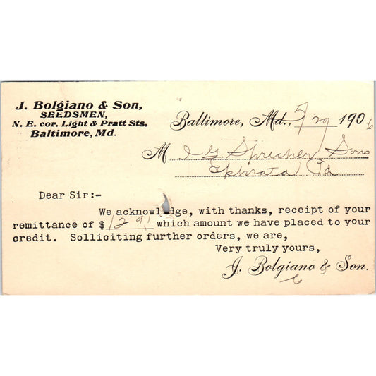 1906 John Bolgiano & Son Seedmen Baltimore MD Payment Receipt Postal Card AE8