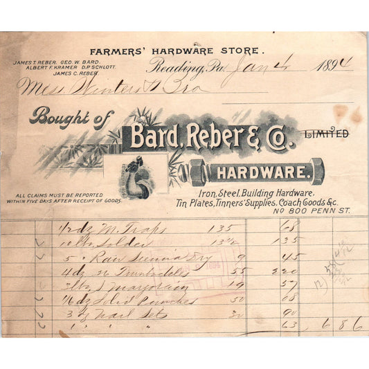 1894 Bard, Reber & Co Hardware Reading PA Original Billhead Receipt AE7