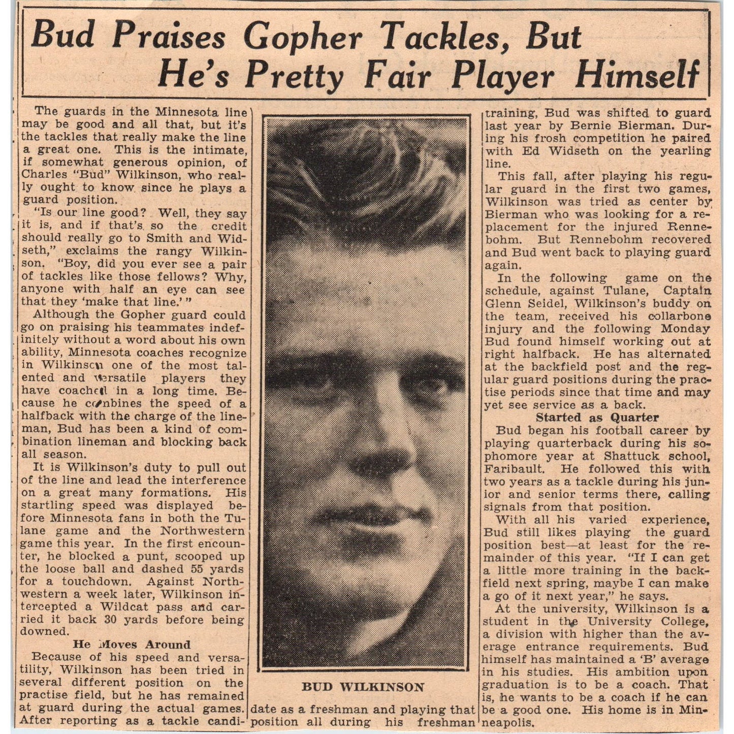 Charles Bud Wilkinson Minnesota Gophers Football 1935 Newspaper Article AE7-N3