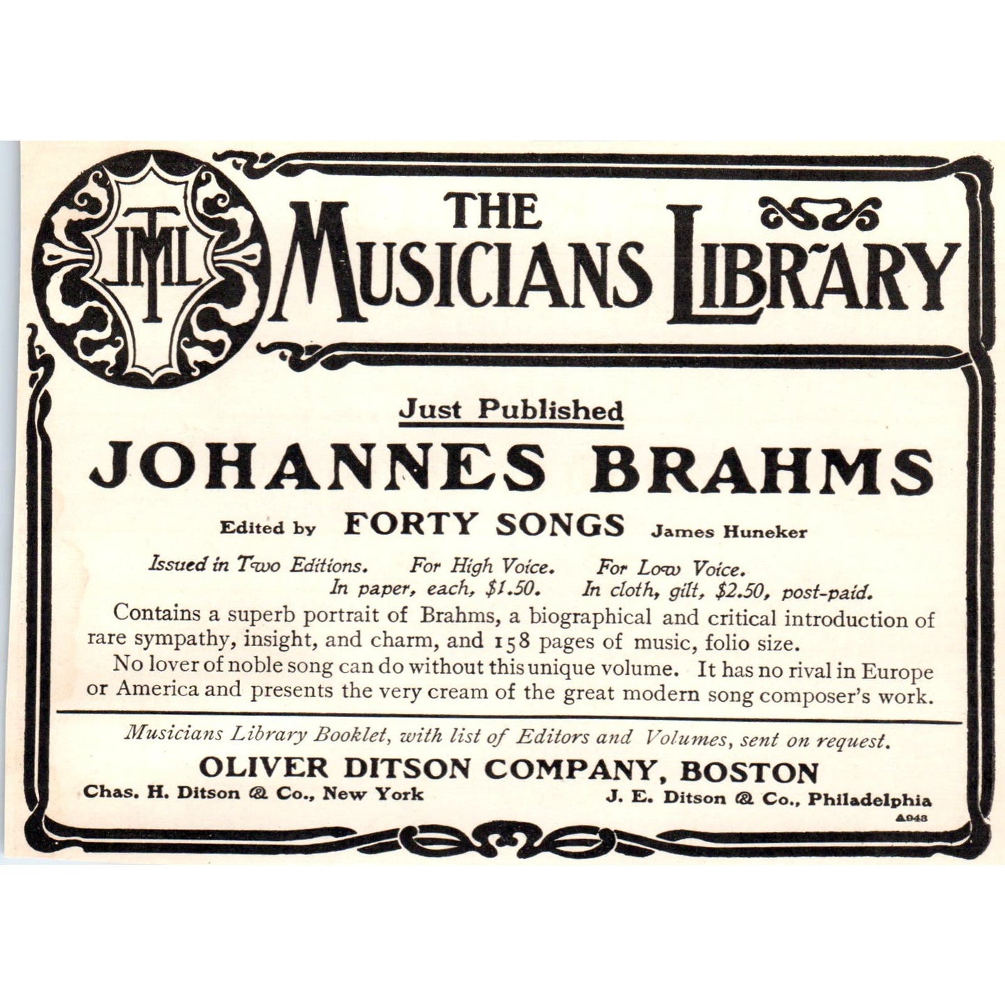 Johannes Brahms The Musicians Library Oliver Ditson Boston c1905 Ad AE9-MA2
