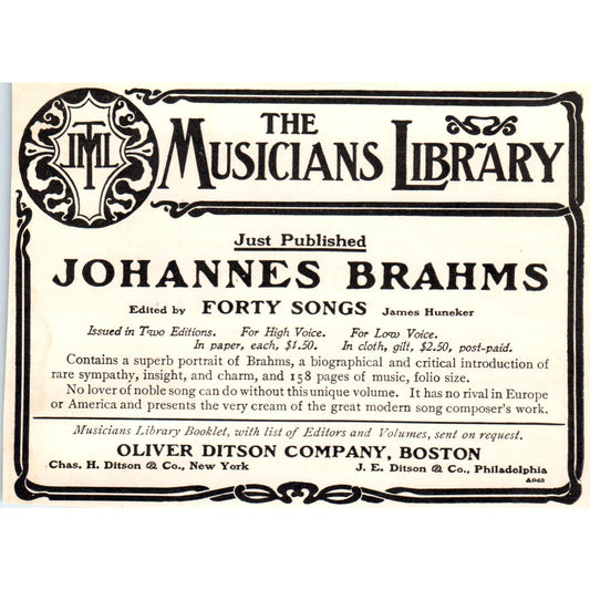 Johannes Brahms The Musicians Library Oliver Ditson Boston c1905 Ad AE9-MA2