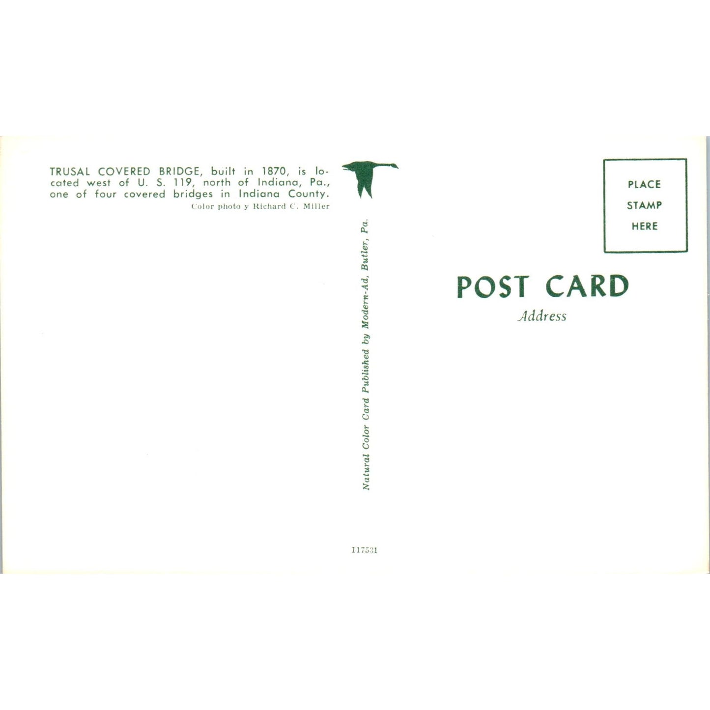 Trusal Bridge Indiana County PA Covered Bridge Postcard PC7