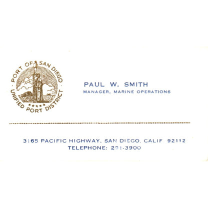 Paul W. Smith Marine Operations Port of San Diego Vintage Business Card SD4-B2