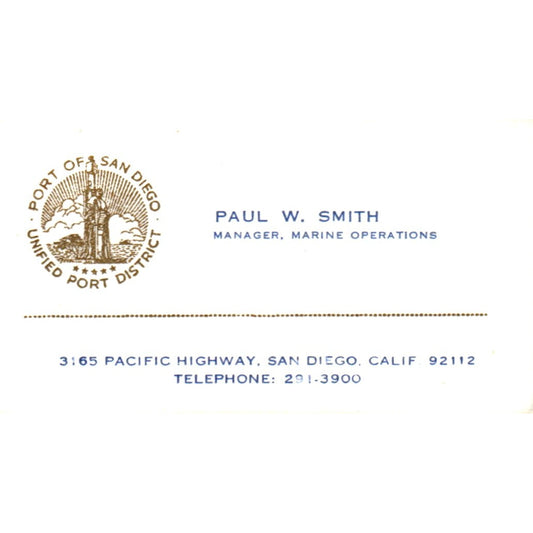 Paul W. Smith Marine Operations Port of San Diego Vintage Business Card SD4-B2