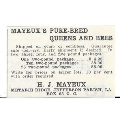 H.J. Mayeux Purebred Queens and Bees Metairie Ridge Louisiana 1926 Ad AG3-S23