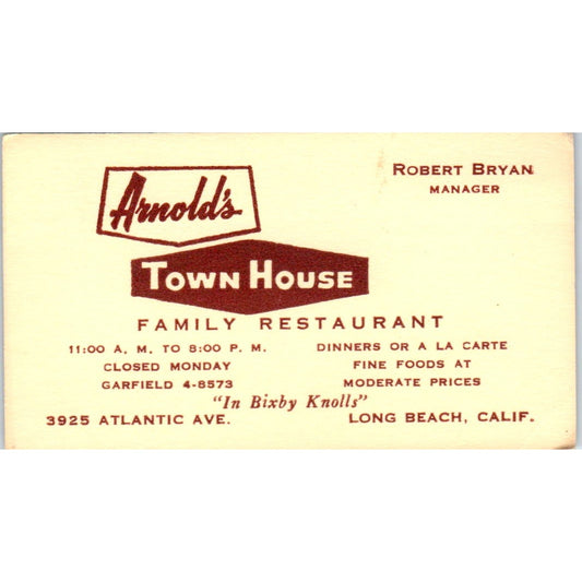 Arnold's Town House Restaurant Bixby Knolls Robert Bryan Business Card SD8-B7