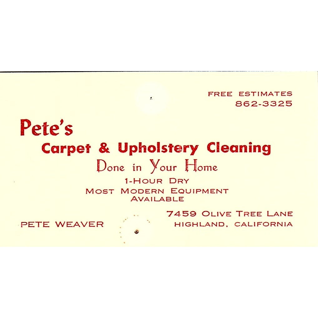 Pete's Carpet & Upholstering Clean Pete Weaver Highland CA Business Card SF3-B6