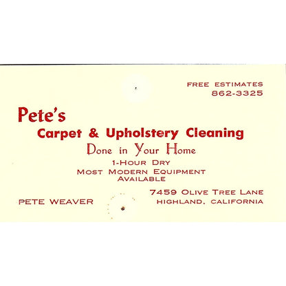 Pete's Carpet & Upholstering Clean Pete Weaver Highland CA Business Card SF3-B6