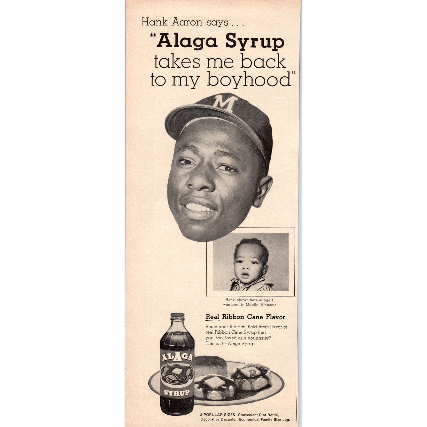 Vintage Alaga Syrup Hank Aaron MLB Baseball Magazine Ad 5x13" V1-2