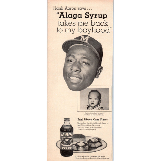 Vintage Alaga Syrup Hank Aaron MLB Baseball Magazine Ad 5x13" V1-2