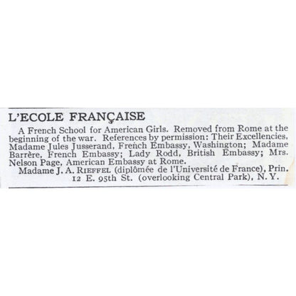 L'ecole Française Madame J.A. Rieffel NY c1918 Original Advertisement AE5-SA3