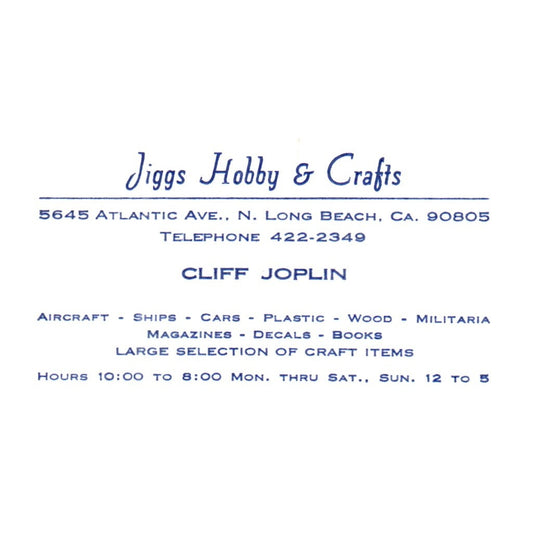 Jiggs Hobby & Crafts Cliff Joplin Long Beach CA Vintage Business Card SF3-B1