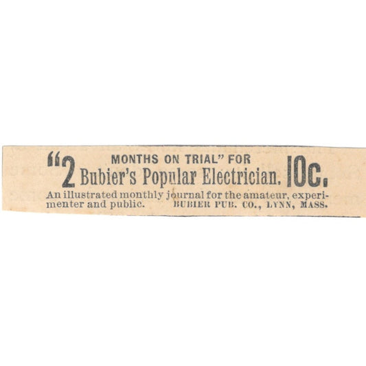 Bubier Pub Co Popular Electrician Lynn MA 1892 Magazine Ad AK6-S3