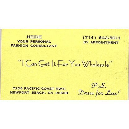 Heide Personal Fashion Consultant Newport Beach CA Vintage Business Card SE5-B4