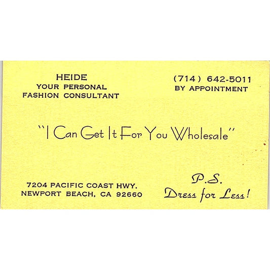Heide Personal Fashion Consultant Newport Beach CA Vintage Business Card SE5-B4