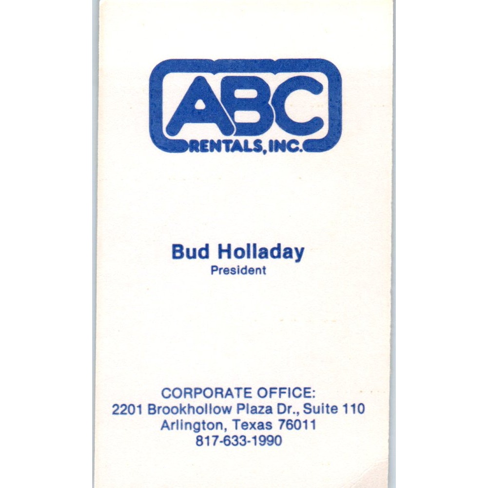 Bud Holiday ABC Rentals Co Arlington TX Vintage Business Card SD8-B4