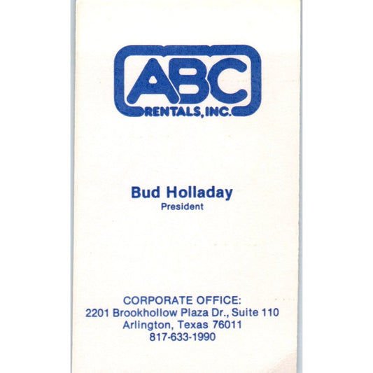 Bud Holiday ABC Rentals Co Arlington TX Vintage Business Card SD8-B4