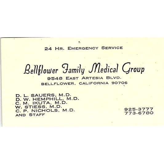 Bellflower Family Medical Group Bellflower CA Vintage Business Card SF3-B7