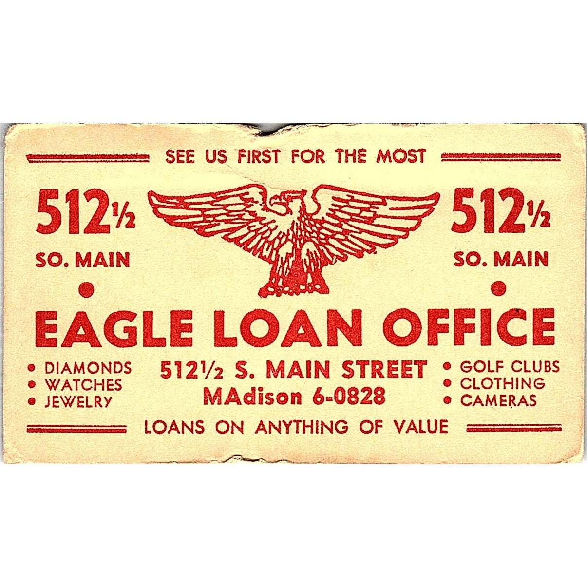 Eagle Loan Office 512 1/2 S. Main St Vintage Business Card ML1-6