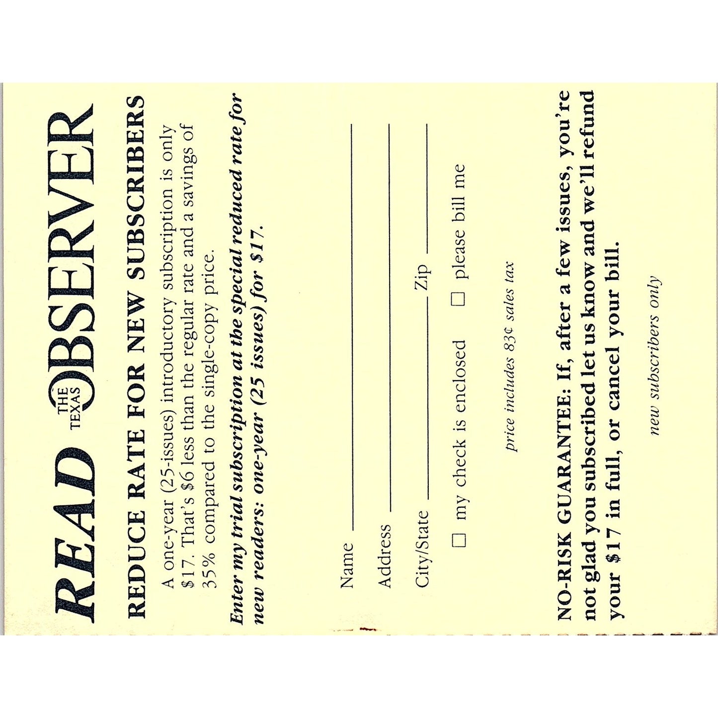 The Texas Observer Blank Postal Mailing Card Austin TX 1984 Ad AF6-9