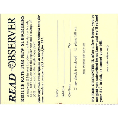 The Texas Observer Blank Postal Mailing Card Austin TX 1984 Ad AF6-9