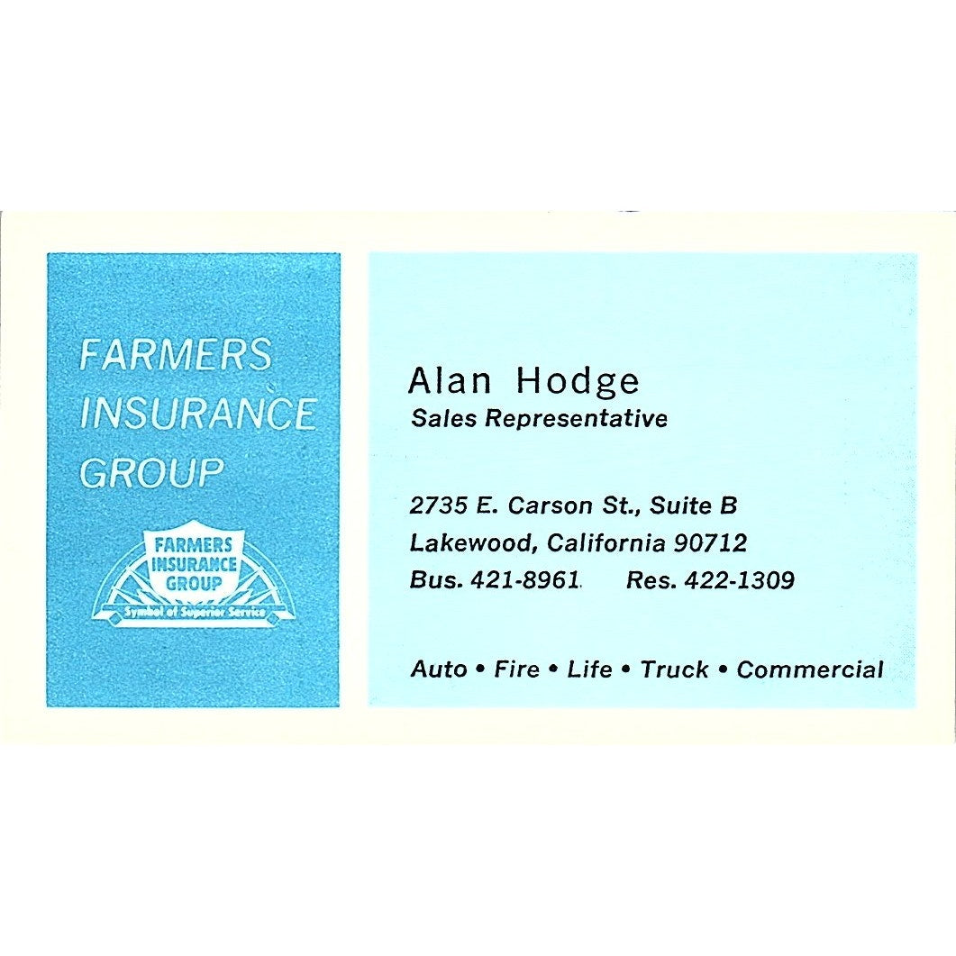 Farmers Insurance Group Alan Hodge Lakewood CA Vintage Business Card SB4-B3