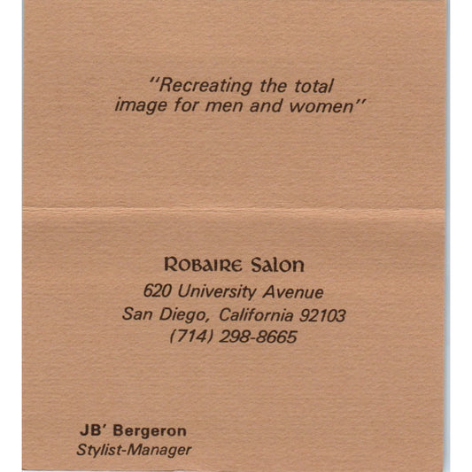 Robaire Salon JB Bergeron San Diego CA Vintage Business Card SD8-B10
