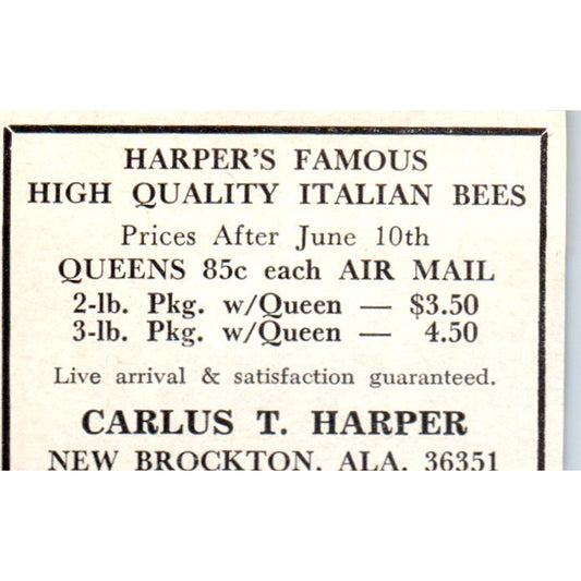 Carlus T. Harper Italian Bees New Brockton AL 1964 Magazine Ad AK5-S36