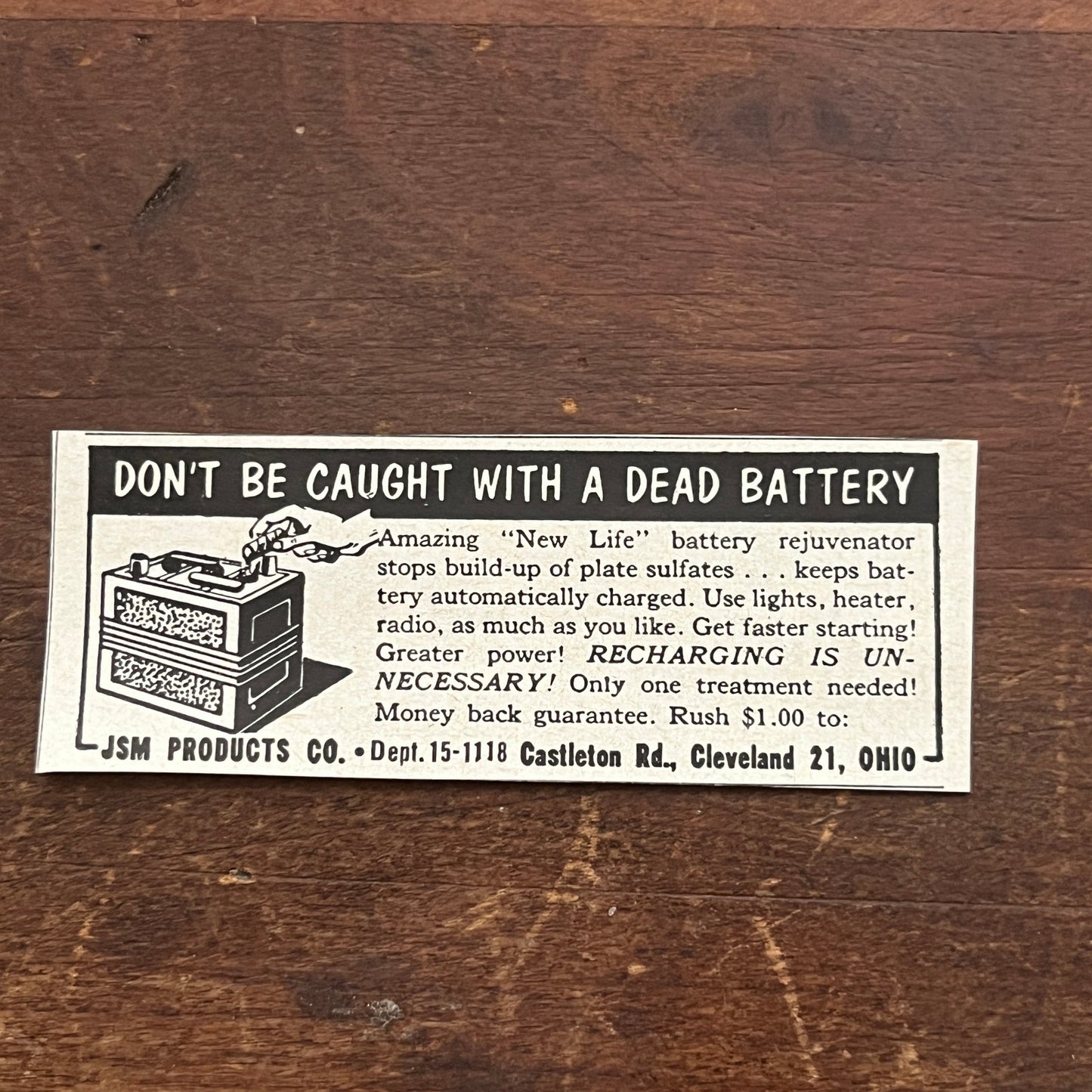 New Life Battery Rejuvenator JSM Products Co Cleveland OH 1955 Ad AF9-S2